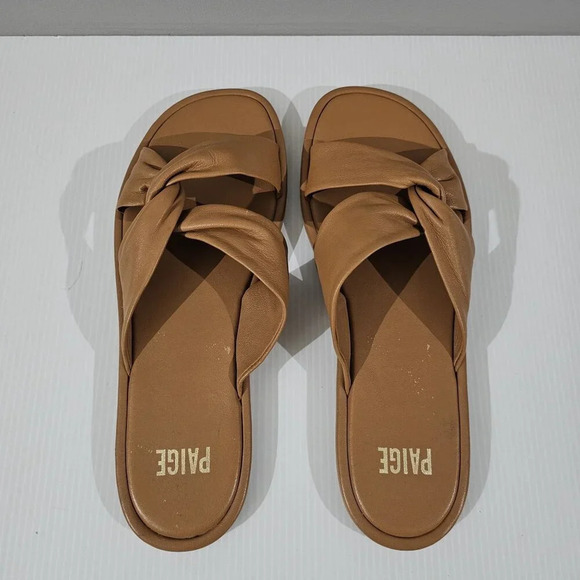 Paige Dana Sandal Womens Size 9.5 Toffee Tan Leather Twisted Slip On Slide - Picture 9 of 13